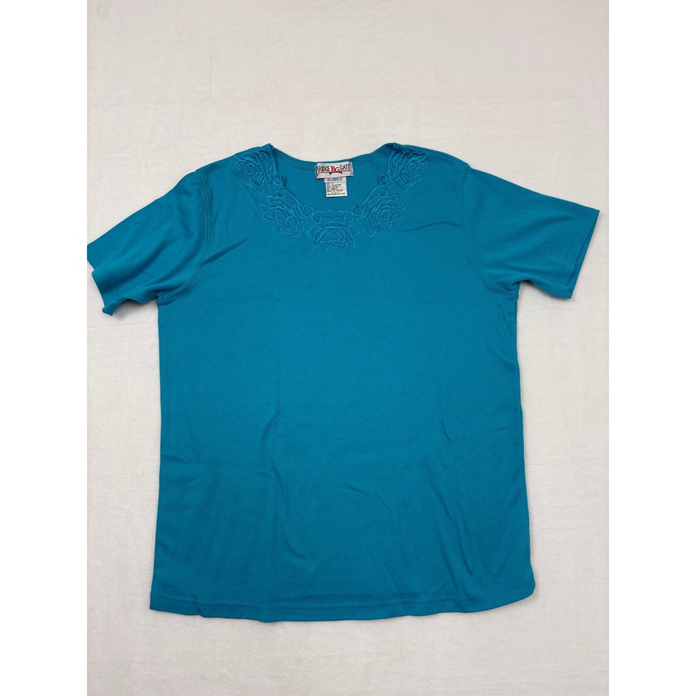 Bridge Gate Womens Teal Blue Embroidered Floral Neckline Short Sleeve Top Size L